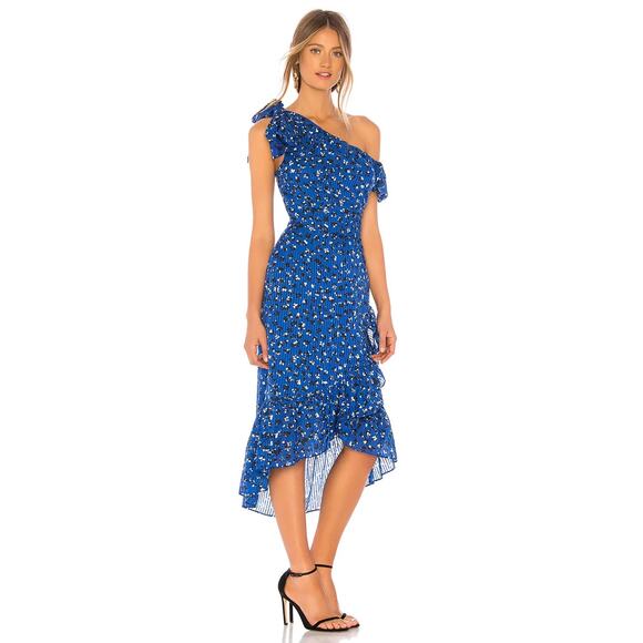 NWT Ulla Johnson Uma Dress Size 2 Floral Cobalt Off Shoulder Midi Hi Low Wrap